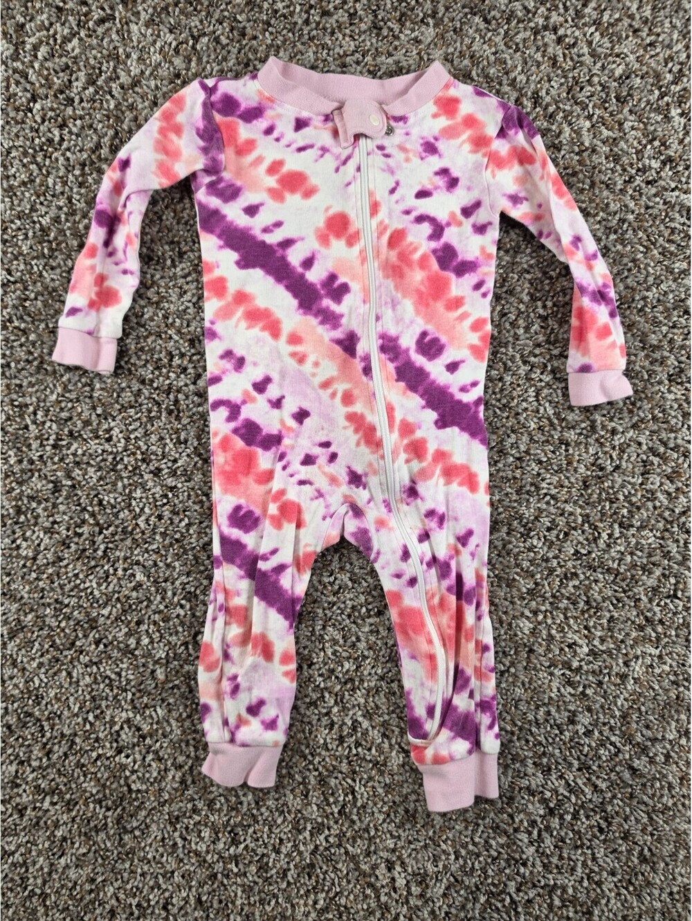 Burts Bees Baby Girls Sz 12M Zip Up Cotton Pajamas Tie Dye Pink Purple One Piece